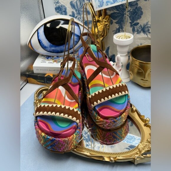 🆕 KURT GEIGER LONDON 🧿 NWOB Chelsea Flatform Sandal, Rainbow Raffia, Sz 37 US7 - Picture 8 of 16